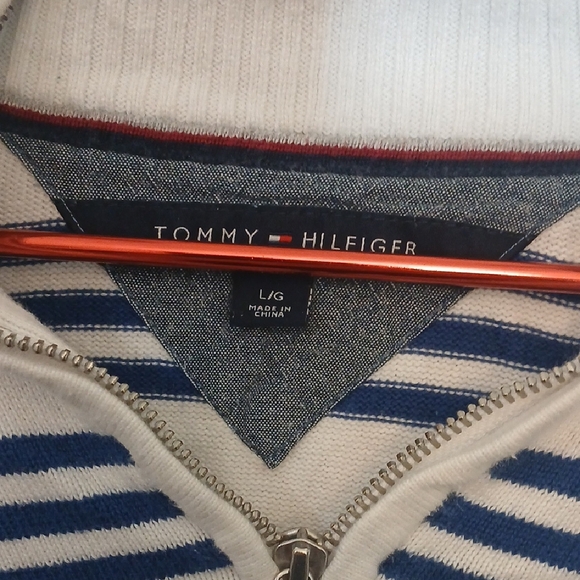 Make Offer Tommy Hilfiger Zip Up White and Blue Striped Sweater - Picture 2 of 4
